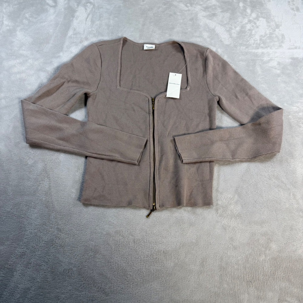 Abercrombie & Fitch Zip Front Square Neck Sweater Womens Small Brown Ribbed Knit